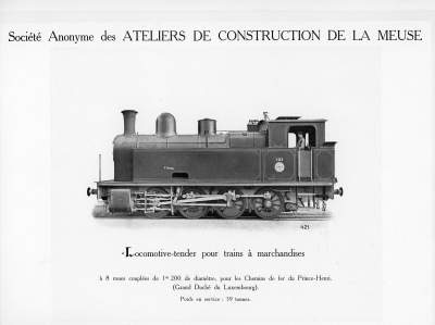 <b>Locomotive-tender pour trains à marchandises</b><br>à 8 roues couplées de 1m200 de diamètre<br>pour les Chemins de fer du Prince-Henri<br>(Grand Duché de Luxembourg) 
